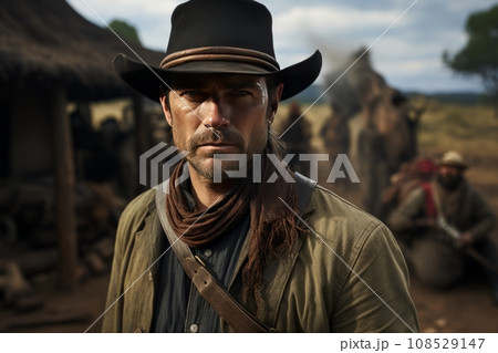 Portrait of mature man in cowboy clothes and hat against the backdrop of a wild west settlement. The Red Dead Redemption character looks at the camera with confident look. Real courageous cowboy. 108529147