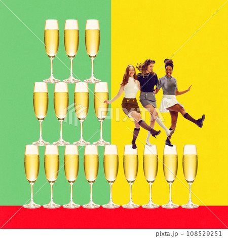 Young happy women, friends dancing near many champagne glasses. Celebration. Contemporary art collage. Poster Young happy women, friends dancing near many champagne glasses. Celebration. Contemporary art collage. Poster 108529251
