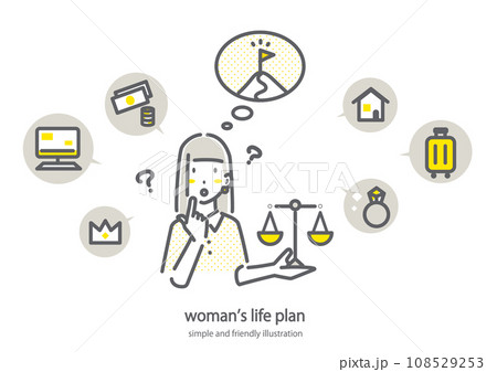 ライフプランに疑問を持つ若い女性 シンプルでお洒落な線画イラスト ライフプランに疑問を持つ若い女性 シンプルでお洒落な線画イラスト 108529253