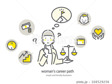 キャリアパスとライフプランを考える女性 シンプルでお洒落な線画イラスト キャリアパスとライフプランを考える女性 シンプルでお洒落な線画イラスト 108529256