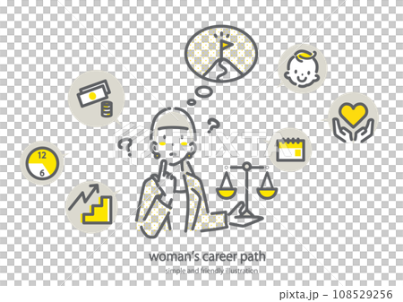キャリアパスとライフプランを考える女性 シンプルでお洒落な線画イラスト キャリアパスとライフプランを考える女性 シンプルでお洒落な線画イラスト 108529256
