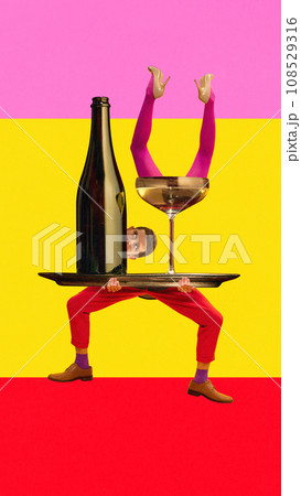 Serving champagne. Man picking out champagne bottle against multicolored background. Contemporary art collage. Poster 108529316