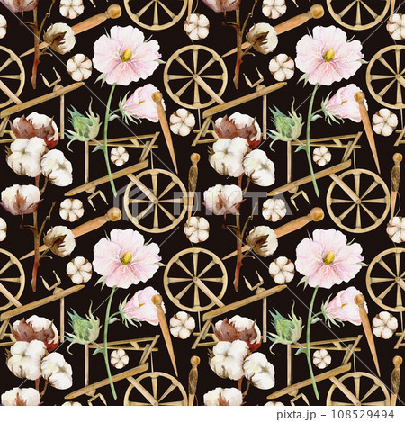 Hand drawn watercolor spinning wheel, spindle, cotton flowers, thread. Hobby handcraft Natural plant. Illustration isolated seamless pattern, dark background. Shop logo print, website, card, booklet. Hand drawn watercolor spinning wheel, spindle, cotton flowers, thread. Hobby handcraft Natural plant. Illustration isolated seamless pattern, dark background. Shop logo print, website, card, booklet. 108529494