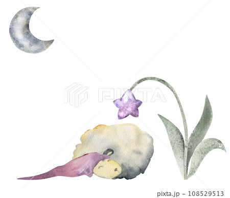 Watercolor hand drawn illustration, cute little plush baby sheep with magical star flower. Textured effect. Composition isolated on white background. For kids, children bedroom, fabric, linens print Watercolor hand drawn illustration, cute little plush baby sheep with magical star flower. Textured effect. Composition isolated on white background. For kids, children bedroom, fabric, linens print 108529513