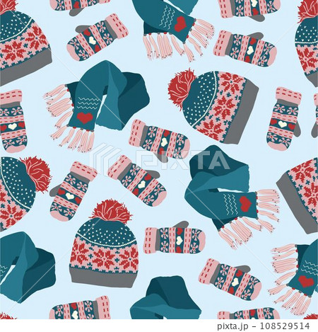 Seamless vector knitted winter hat, mittens, scarf pattern. Stylish fashion garment background for fabric. Seamless vector knitted winter hat, mittens, scarf pattern. Stylish fashion garment background for fabric. 108529514