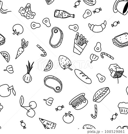 Vector seamless pattern with food doodles. 108529861
