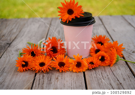 Calendula flowers are lying on an old wooden table near a glass of coffee or tea. Phytotherapy. Calendula flowers are lying on an old wooden table near a glass of coffee or tea. Phytotherapy. 108529892