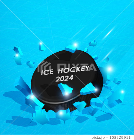 Hockey sport tournament advertising banner. Black rubber puck for ice hockey crashed into ground at high speed and breaks into shards, cracks after perfect hit. Inflicting heavy damage. Vector Hockey sport tournament advertising banner. Black rubber puck for ice hockey crashed into ground at high speed and breaks into shards, cracks after perfect hit. Inflicting heavy damage. Vector 108529911