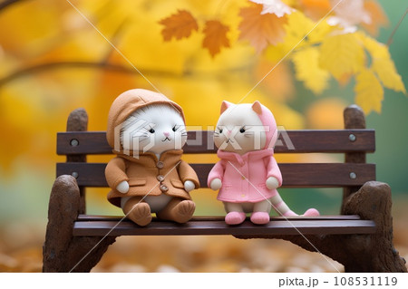 ネコとベンチ（3D）-秋 108531119