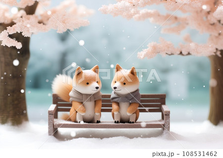 柴犬とベンチ(3D)冬 柴犬とベンチ(3D)冬 108531462