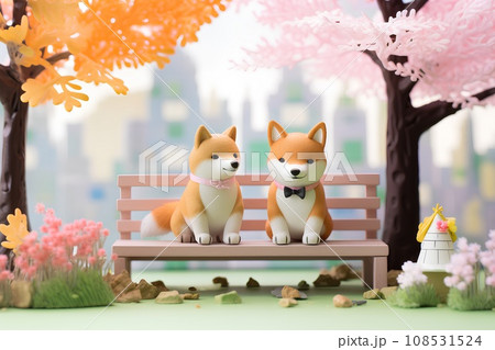柴犬とベンチ（3D）春-1 108531524