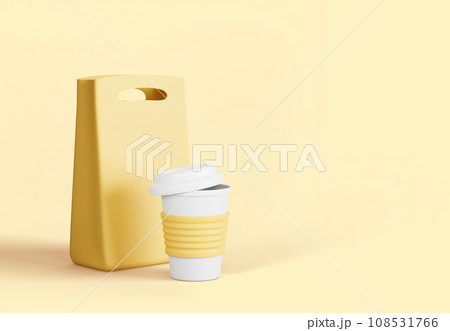 Paper lunch bag with handle and plastic cup 3d render background. Mockup food box package for takeaway breakfast or snack, coffee and drink, containers for fastfood cafe meals, banner. 3D illustration 108531766