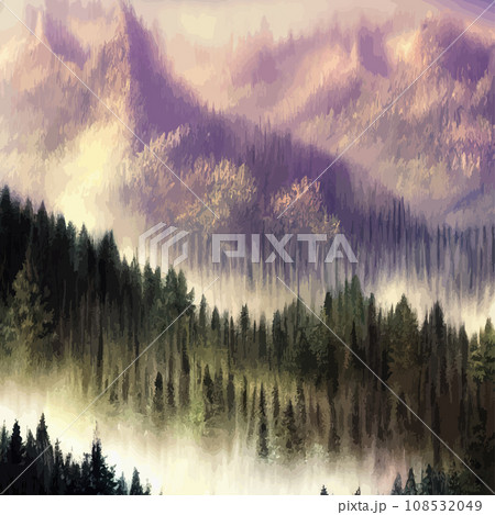 Nature and landscape. illustration trees, forests, mountains, plants. Image for background, card or cover. Illustration. Natural landscape with spruce trees. Modern minimal abstract background Nature and landscape. illustration trees, forests, mountains, plants. Image for background, card or cover. Illustration. Natural landscape with spruce trees. Modern minimal abstract background 108532049