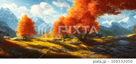 Autumn landscape with trees, mountains. Rural landscape. Autumn background. illustration . beautiful natural for thanksgiving day banner. Minimalist style. flat design Autumn landscape with trees, mountains. Rural landscape. Autumn background. illustration . beautiful natural for thanksgiving day banner. Minimalist style. flat design 108532050