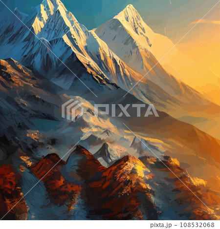 Realistic illustration mountain landscape with a hill forest with coniferous trees, under blue winter sky with space for text. Gray mountains forest retro vintage background illustration. 108532068