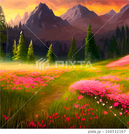 Spring landscape in village with green field and sunset, flat cartoon countryside with mountain and forest, blue sky, natural scene in countryside, sunny day summer 108532167
