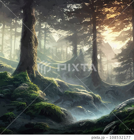 Nature and landscape. illustration trees, forests, mountains, plants. Image for background, card or cover. Illustration. Natural landscape with spruce trees. Modern minimal abstract background 108532177