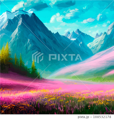 Spring landscape in village with green field and sunset, flat cartoon countryside with mountain and forest, blue sky, natural scene in countryside, sunny day summer 108532178
