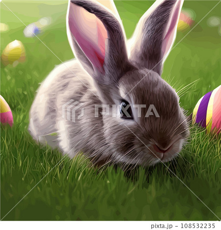 Cute little rabbit for Easter spring holiday , spring holiday .Easter landscape , Wildlife forest, park, meadow and farm animals. Nice rabbit sitting on the meadow grass grass 108532235
