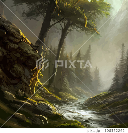 Nature and landscape. illustration trees, forests, mountains, plants. Image for background, card or cover. Illustration. Natural landscape with spruce trees. Modern minimal abstract background Nature and landscape. illustration trees, forests, mountains, plants. Image for background, card or cover. Illustration. Natural landscape with spruce trees. Modern minimal abstract background 108532262