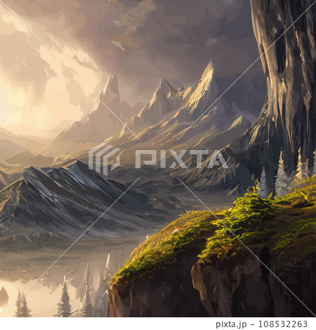 Mountain mature silhouette element outdoor icon snowy ice peaks and decorative, Realistic illustration of mountain landscape with hill and forest with coniferous trees Mountain mature silhouette element outdoor icon snowy ice peaks and decorative, Realistic illustration of mountain landscape with hill and forest with coniferous trees 108532263