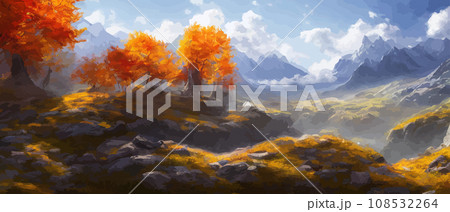 Autumn landscape with trees, mountains. Rural landscape. Autumn background. illustration . beautiful natural for thanksgiving day banner. Minimalist style. flat design Autumn landscape with trees, mountains. Rural landscape. Autumn background. illustration . beautiful natural for thanksgiving day banner. Minimalist style. flat design 108532264