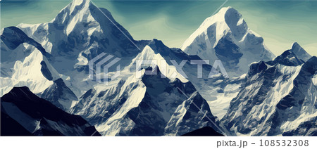Fantasy epic magic mountain landscape. Mystical winter valley valley , Panoramic view of big mountains . Mountains landscape. Rural nature background. hills horizon 108532308