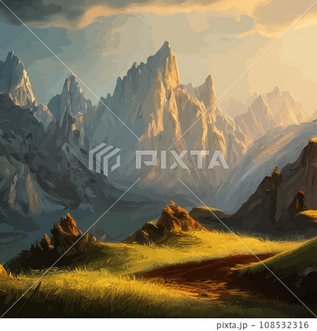 Mountain landscape. Mountain landscape. illustration. Abstract background. Fantasy theme morning landscape, sunrise mountains. landscape with blue mountains silhouettes with fog cold sunlight Mountain landscape. Mountain landscape. illustration. Abstract background. Fantasy theme morning landscape, sunrise mountains. landscape with blue mountains silhouettes with fog cold sunlight 108532316