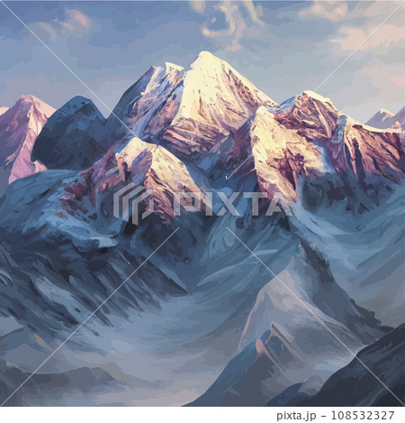 Realistic illustration mountain landscape with a hill forest with coniferous trees, under blue winter sky with space for text. Gray mountains forest retro vintage background illustration. 108532327