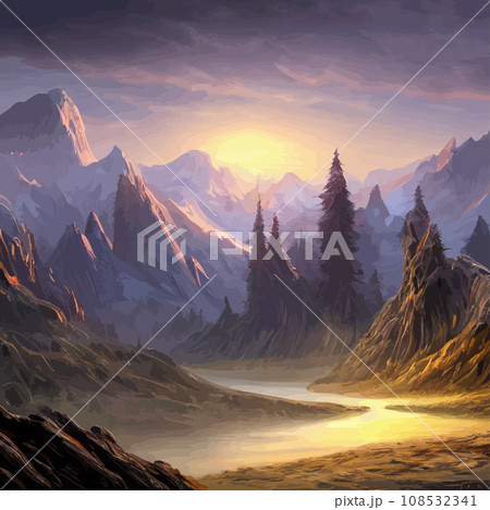 Mountain mature silhouette element outdoor icon snowy ice peaks and decorative, Realistic illustration of mountain landscape with hill and forest with coniferous trees 108532341