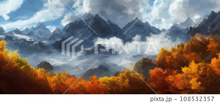 Autumn landscape with trees, mountains. Rural landscape. Autumn background. illustration . beautiful natural for thanksgiving day banner. Minimalist style. flat design 108532357