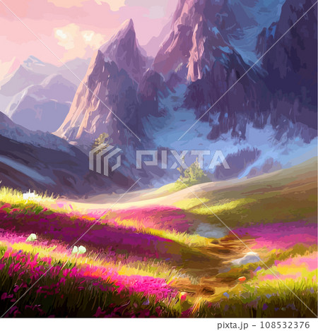 Spring landscape in village with green field and sunset, flat cartoon countryside with mountain and forest, blue sky, natural scene in countryside, sunny day summer Spring landscape in village with green field and sunset, flat cartoon countryside with mountain and forest, blue sky, natural scene in countryside, sunny day summer 108532376