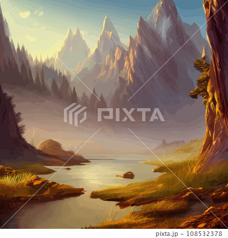 Mountain landscape. Mountain landscape. illustration. Abstract background. Fantasy theme morning landscape, sunrise mountains. landscape with blue mountains silhouettes with fog cold sunlight 108532378