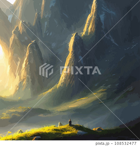 Mountain landscape. Mountain landscape. illustration. Abstract background. Fantasy theme morning landscape, sunrise mountains. landscape with blue mountains silhouettes with fog cold sunlight Mountain landscape. Mountain landscape. illustration. Abstract background. Fantasy theme morning landscape, sunrise mountains. landscape with blue mountains silhouettes with fog cold sunlight 108532477