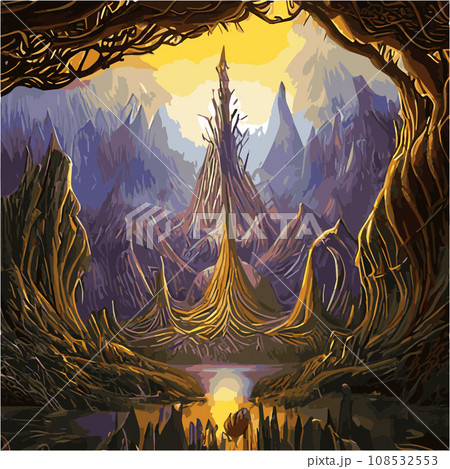 A surreal landscape with abstract trees and clouds melting islands off ground. illustration, Dreamy surreal fantasy landscape, lush vegetation ad flowers, pastel colors, digital illustration 108532553