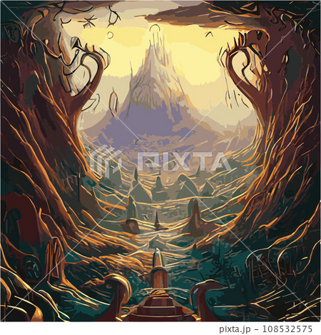 A surreal landscape with abstract trees and clouds melting islands off ground. illustration, Dreamy surreal fantasy landscape, lush vegetation ad flowers, pastel colors, digital illustration 108532575