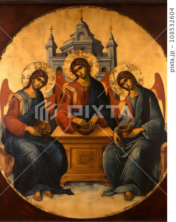 Orthodox icon The Old Testament Trinity style, oil illustration AI Orthodox icon The Old Testament Trinity style, oil illustration AI 108532604