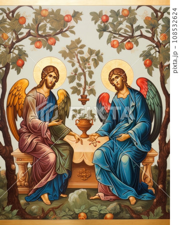 Orthodox icon The Old Testament Trinity style, oil illustration AI 108532624