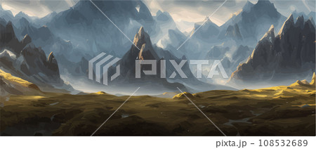 Fantasy epic magic mountain landscape. Mystical winter valley valley , Panoramic view of big mountains . Mountains landscape. Rural nature background. hills horizon 108532689