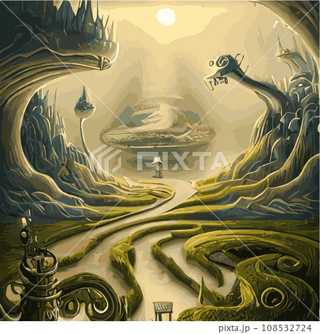 A surreal landscape with abstract trees and clouds melting islands off ground. illustration, Dreamy surreal fantasy landscape, lush vegetation ad flowers, pastel colors, digital illustration A surreal landscape with abstract trees and clouds melting islands off ground. illustration, Dreamy surreal fantasy landscape, lush vegetation ad flowers, pastel colors, digital illustration 108532724