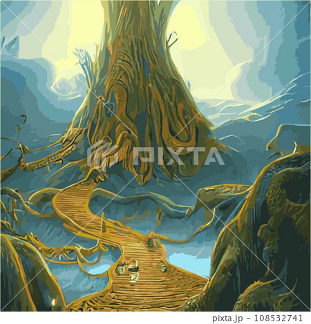 A surreal landscape with abstract trees and clouds melting islands off ground. illustration, Dreamy surreal fantasy landscape, lush vegetation ad flowers, pastel colors, digital illustration 108532741
