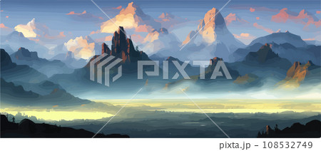 Fantasy epic magic mountain landscape. Mystical winter valley valley , Panoramic view of big mountains . Mountains landscape. Rural nature background. hills horizon Fantasy epic magic mountain landscape. Mystical winter valley valley , Panoramic view of big mountains . Mountains landscape. Rural nature background. hills horizon 108532749