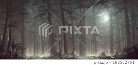 misty forest. Dark tree silhouette. Tree tricks in the blue mist. Fog in the night forest illustration banner. Spooky forest with full moon and floor. Without leaves and branches of autumn. 108532751