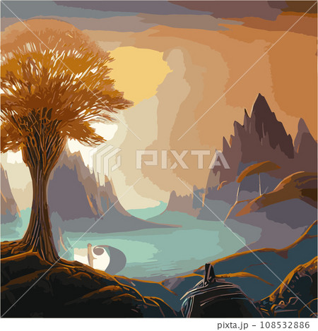 A surreal landscape with abstract trees and clouds melting islands off ground. illustration, Dreamy surreal fantasy landscape, lush vegetation ad flowers, pastel colors, digital illustration 108532886