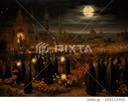 All Saints Day, the souls of the dead return home, oil illustration AI 108532904
