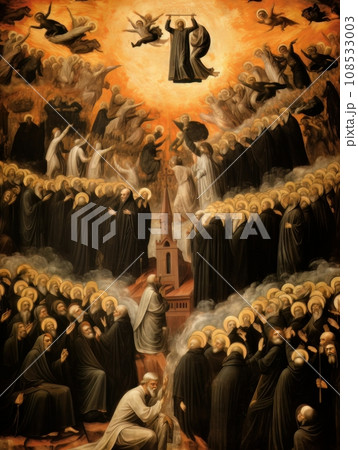 All Saints Day, the souls of the dead return home, oil illustration AI All Saints Day, the souls of the dead return home, oil illustration AI 108533003