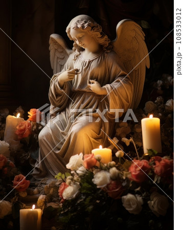 Statue of angel with candles and flowers AI 108533012