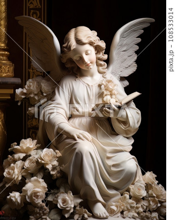 White statue of angel reading book surrounded by roses AI White statue of angel reading book surrounded by roses AI 108533014