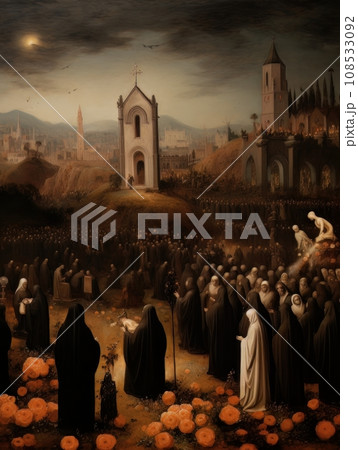 All Saints Day, the souls of the dead return home, oil illustration AI All Saints Day, the souls of the dead return home, oil illustration AI 108533092