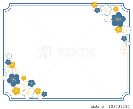 枠線のある梅の花の年賀状フレーム素材　青 108533256